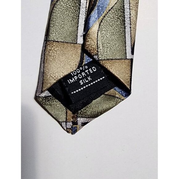 Mens Stanford Geometric Golden Tan Blue Neck Silk Tie 58” L x4” W Classic Power - Picture 5 of 11